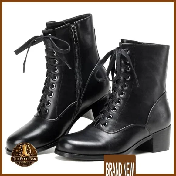 Victorian Lace Up Ankle Booties Side Zipper Chunky Heel Vintage Steampunk - Picture 4 of 7